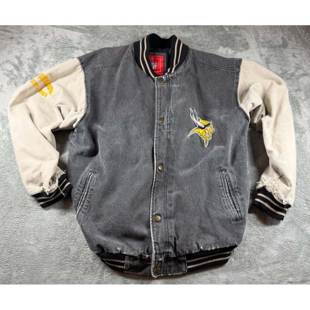 Vtg Minnesota Vikings Denim Jacket NFL Varsity Distressed Mens M